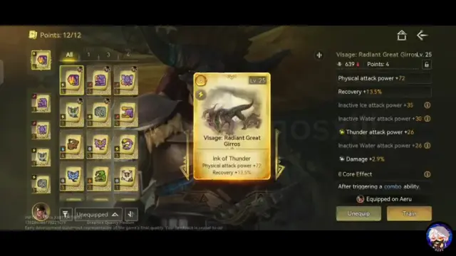 Closed-beta Visage loadout with equipped pieces and the selected item’s stats and core effect