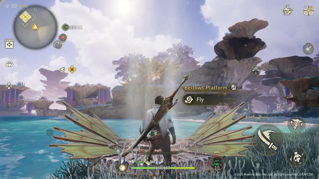 Monster Hunter Outlanders traversal scene with a Bellows Platform prompt above Aesoland terrain