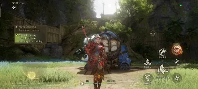 Freya closed-beta hunting-technique training screen with Skill 1, Skill 2, Skill 3, and Burst Mode buttons