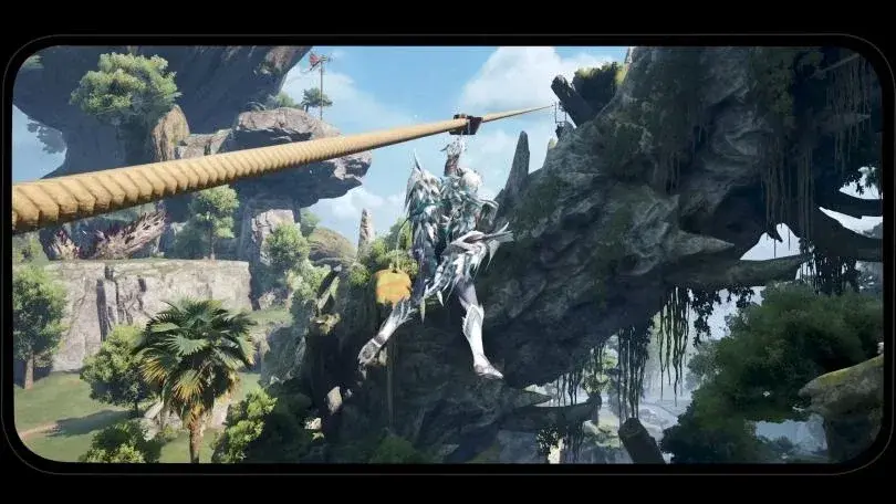 Hunter traveling along a zipline through the jungle terrain of Aesoland