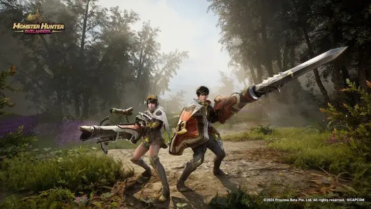 The Fated Adventurer shown with weapon options in Monster Hunter Outlanders.