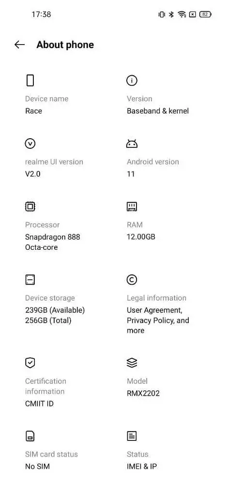Android About phone screen showing model, Android version, RAM, processor, and storage