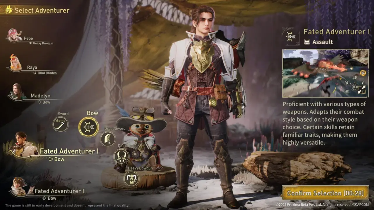 Adventurer selection screen showing hunters with different weapons and an Assault role label