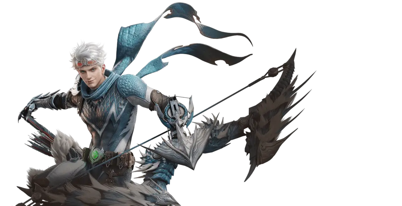 Luka holding his feathered bow with a blue scarf flowing behind him
