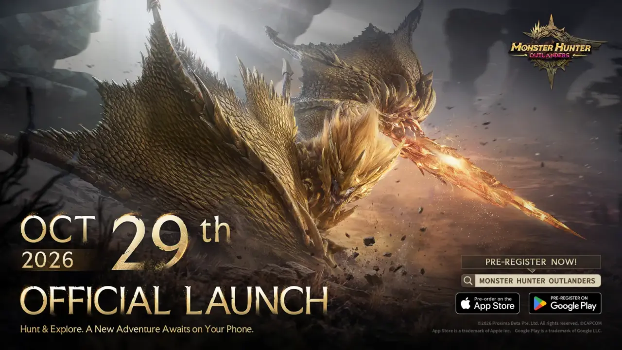 Official Monster Hunter Outlanders launch poster featuring the October 29, 2026 mobile launch