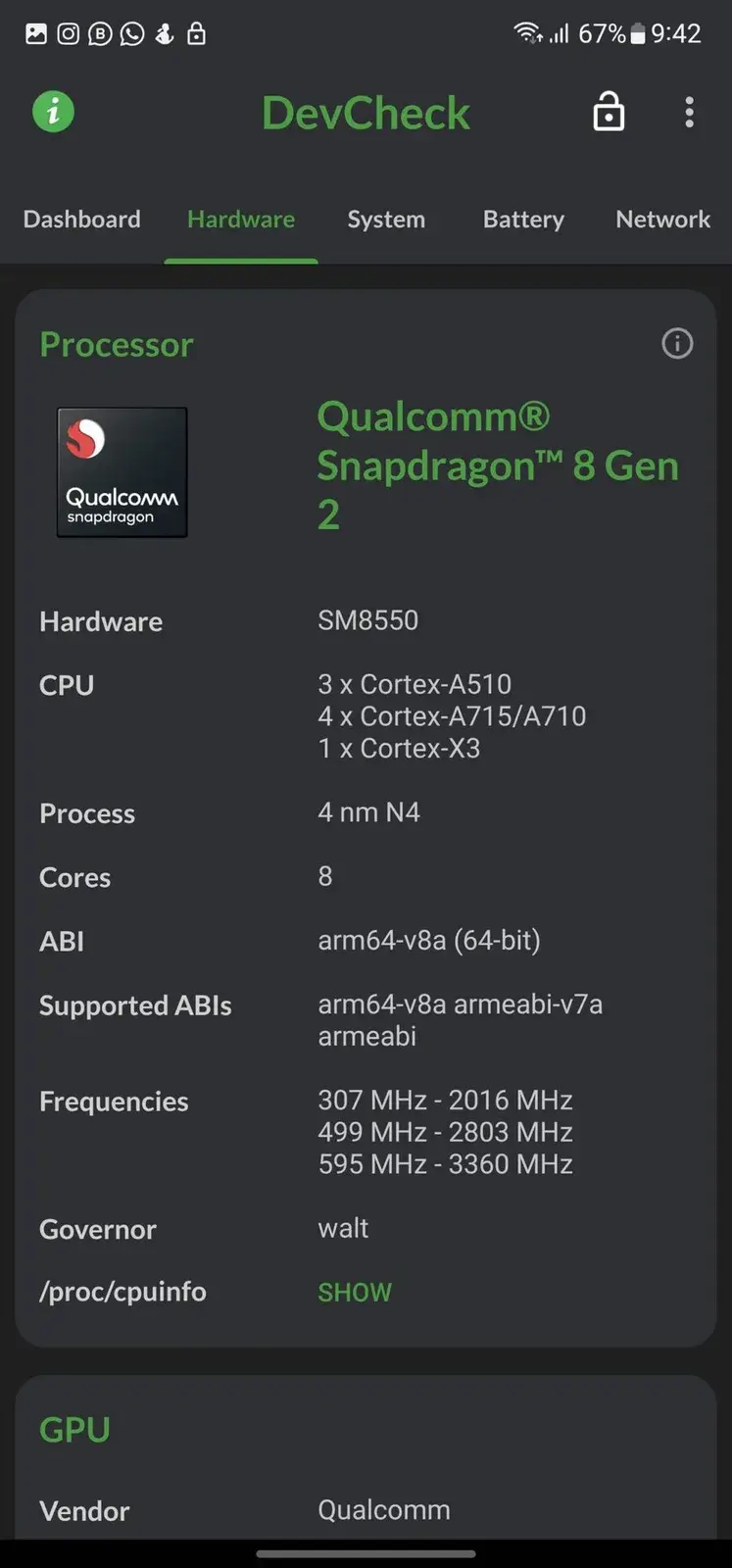 Android hardware-information screen showing the exact Snapdragon processor model