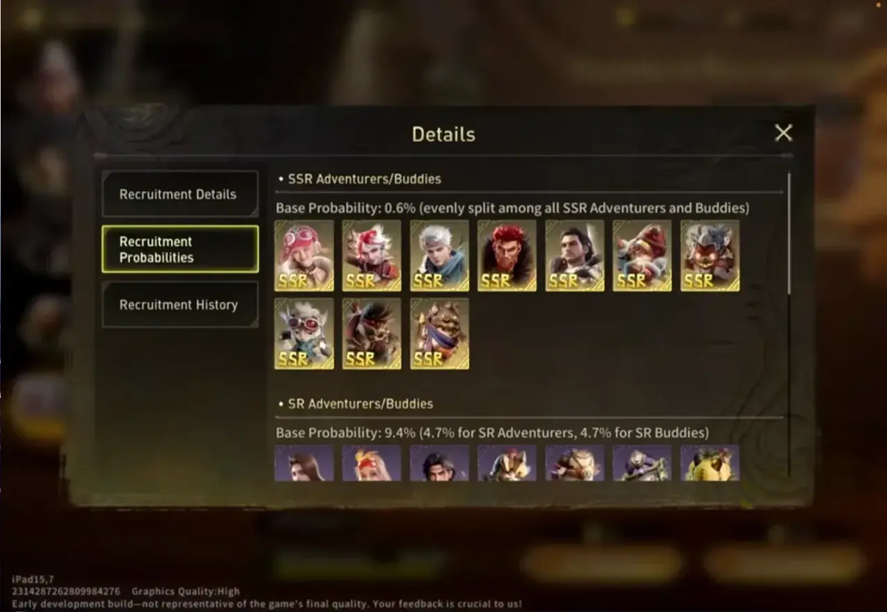 Early-development recruitment probability panel separating SSR and SR Adventurers and Buddies