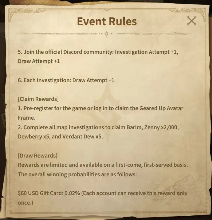 Official event rules stating that completing all map investigations awards Barim and resource items