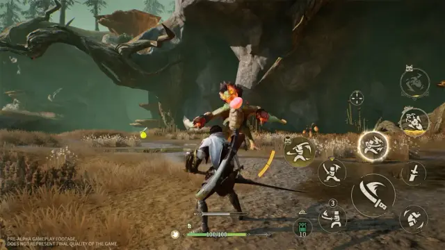 Pre-alpha Monster Hunter Outlanders sword combat with multiple touch actions visible