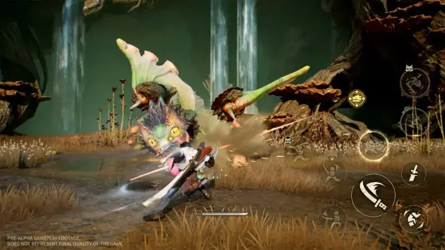 An Adventurer fights a brightly colored monster in Aesoland with mobile combat controls visible