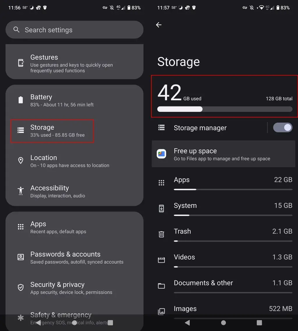 Android storage settings screen showing used and available space