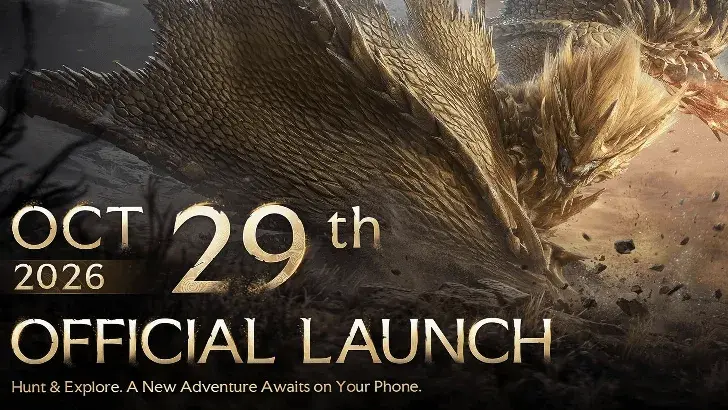 Monster Hunter Outlanders announcement displaying October 29, 2026 and mobile store badges