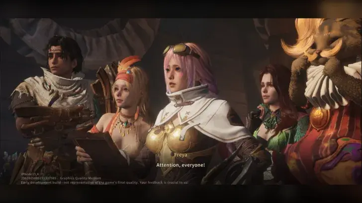 Early-development story briefing with Freya speaking and other Adventurers in view